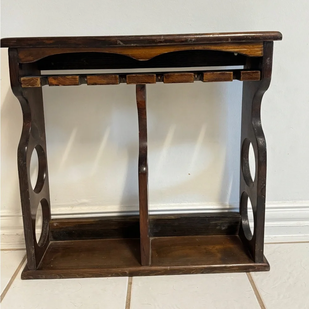 vintage wall-mounted wooden wine and stemware Bottle / 6 Glass Wine Rack / Shelf